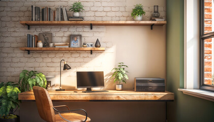 Wooden office desk with computer, bookshelf and chair. Mock up, 3D Rendering