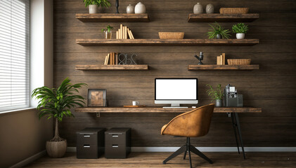 3D rendering of a modern office interior with bookshelf.