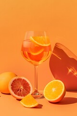 cocktail aperol spritz glass alcohol liquid reflection retro summer party poster orange background photo pop art flat lay style copy space
