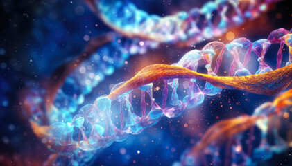 3d illustration of DNA strand over blue background with light effects.