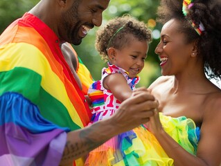 LGBTQ parents and child dancing in calypso style, closeup of joyful expressions, pride colors - obrazy, fototapety, plakaty