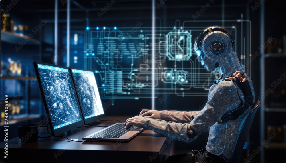 Poster cyborg man in a dark room using a computer. 3d rendering