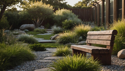 Calm garden oasis featuring soft grass, weathered rocks, and a comfortable wooden bench.