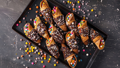 top view, chocolate dipped cannoli with candies and sprinkles on modern black tray - obrazy, fototapety, plakaty