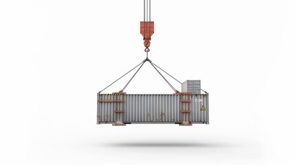 3d rendering of a shipping container being carried by a mobile crane. barely isolated on white background