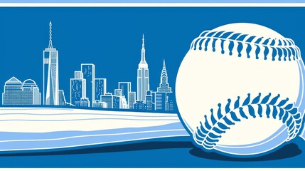 Bold Graphic Design with Baseball Seam Front and Center Against a New York City Skyline on Blue Background, Sports Meets City Life