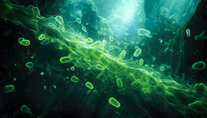 3D Illustration of an abstract background with green particles and light