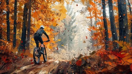 mountain biker riding through colorful autumn forest active outdoor adventure digital art