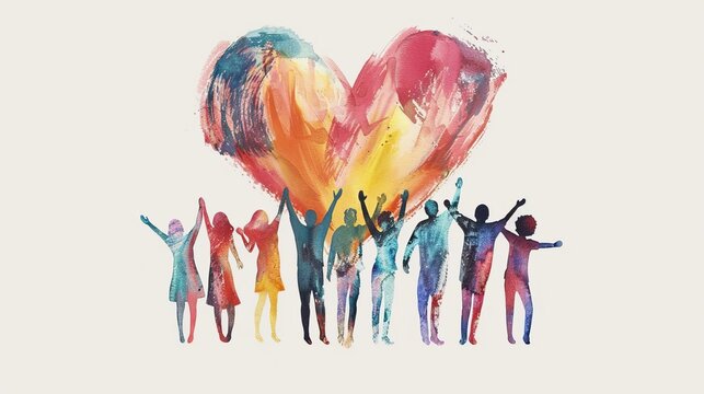 multicultural people raising hands towards painted heart diversity and unity concept illustration