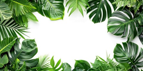 Banner Frame Made of Tropical Leaves on White Background With Copy Space in the Center