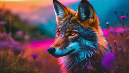 wolf neon digital art jackal animal ai generated - obrazy, fototapety, plakaty