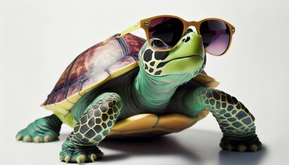 cartoon colorful turtle with sunglasses on white background created with generative a