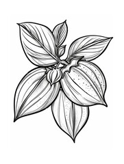 Black and white hand drawn illustration of a branch of nutmeg fruit. Illustration of nutmeg fruit branch from tropical tree with fragrant seeds used in cooking and traditional medicine. 