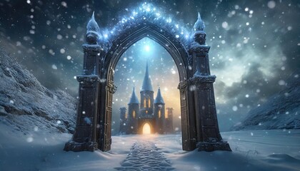 winter magical portal with ice crystal door and glowing entrance to a fantasy castle on a snowy landscape