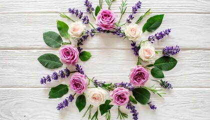 wreath frame with roses lavender branches leaves and petals isolated on white background flat lay overhead view generative ai