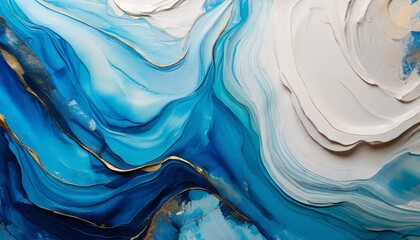 a painting showcasing abstract blue and white paint textures on a wall the colors blend in a...