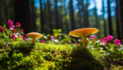 lose yourself in the enchantment of a forest illuminated by glowing mushrooms and colorful blooms - obrazy, fototapety, plakaty