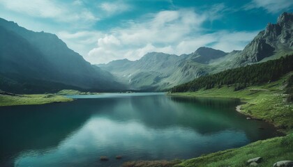 Fototapeta na wymiar mountain lake landscape with sky