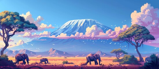 Elephants stroll in the wild with a majestic mountain backdrop - obrazy, fototapety, plakaty