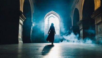 human soul walking in a dark space haunted silhouette of a ghost surrounded by smoke on a spotlight...