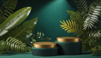 3d background of two podiums with green background and leaves beauty product concept generative ai
