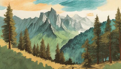 mountains and trees pencil drawing for card decoration illustration