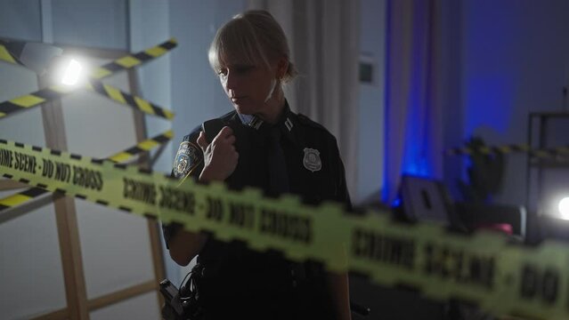 Caucasian policewoman investigates a darkened crime scene with caution tape in an indoor setting.