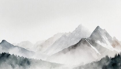 watercolor mountain range in light gray tones over white background with copy space