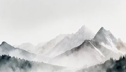 Poster watercolor mountain range in light gray tones over white background with copy space © Mac