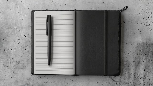 Pen and black lined notebooks, both closed and open. Isolated mockup against a concrete backdrop