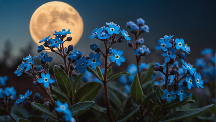 Charming forget-me-nots in a twilight gradient, whispering secrets under the light of the moon.