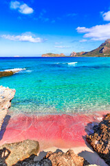 Phalasarna Beach, Crete, Greece: Nature landscape view of beautiful pink beach and sea in a sunny day