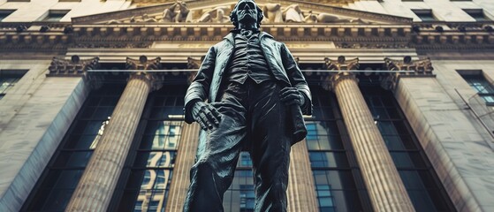 Statue of a famous financier in front of stock exchange, historical figure, legacy in finance - obrazy, fototapety, plakaty