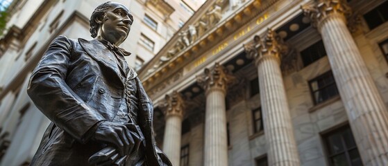 Statue of a famous financier in front of stock exchange, historical figure, legacy in finance