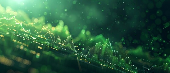 Sharp close-up of rising stock market graph, green glow, optimistic trend - 783407875