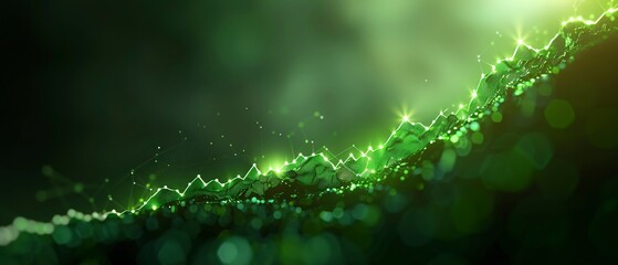Sharp close-up of rising stock market graph, green glow, optimistic trend