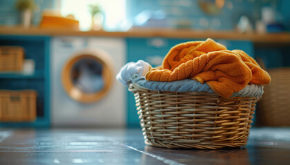 A basket full of white towels sits on a floor next to a washing machine by AI generated image