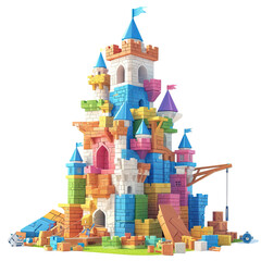A determined character constructs a towering and vibrant castle using various colorful bricks and tiles on a plain transparent background