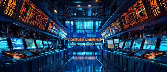 Panoramic view of a stock exchange trading floor, vast space, epicenter of trading, detailed activity - obrazy, fototapety, plakaty