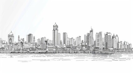 A panoramic sketch in vector art showcasing the skyline landscape of Mumbai, also known as Bombay. It highlights the characteristic buildings and monuments of the city.
