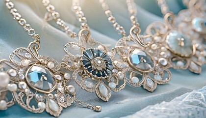 Fototapeta premium A selection of vintage brooches and pendants, each with intricate designs, aligned