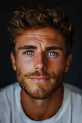 Fototapeta premium Portrait of confident adult man with beard and blue eyes close up