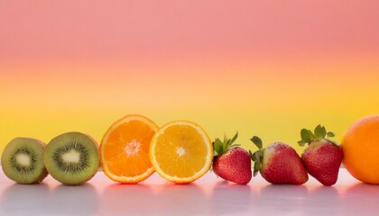 Assortment of fresh, juicy fruits like strawberries, kiwis, and oranges displayed