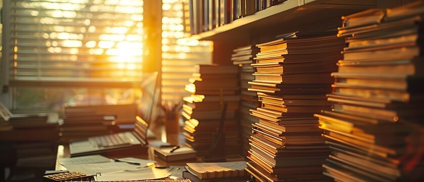 Macro view of corporate finance books, soft backlight, knowledge base, focused study