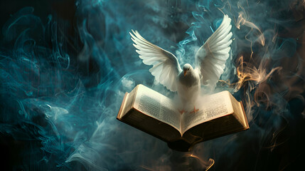 Holy spirit and holy scriptures, dove on the holy bible, gift of the spirit, spiritual divine connection concept 