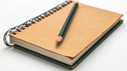 Brown and green notebook with pencil on white background