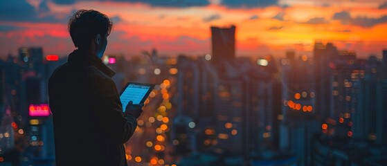 Investor's silhouette against skyline, holding tablet with stock app, dusk light, victorious - obrazy, fototapety, plakaty