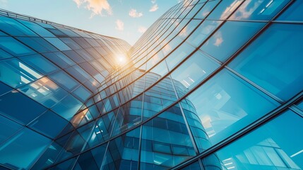 The structural glass facade curves elegantly over the roof of a fantastic office building. This modern and contemporary architectural fiction features glass and steel columns