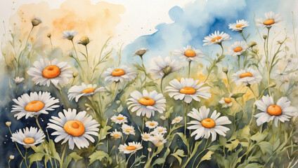 Cheerful watercolor landscape featuring a field of blooming daisies, evoking the spirit of renewal.