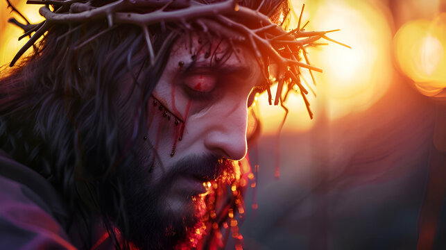 Portrait of a Jesus Christ with a crown thorn. God love the world so much that he gave is only begotten son, that whoever belief in him might not die, but have eternal life. The passion of Christ. 